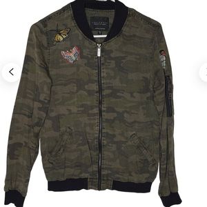 Sanctuary Green Camo Bomber Jacket Butterfly Bird Patches Black Trim XS